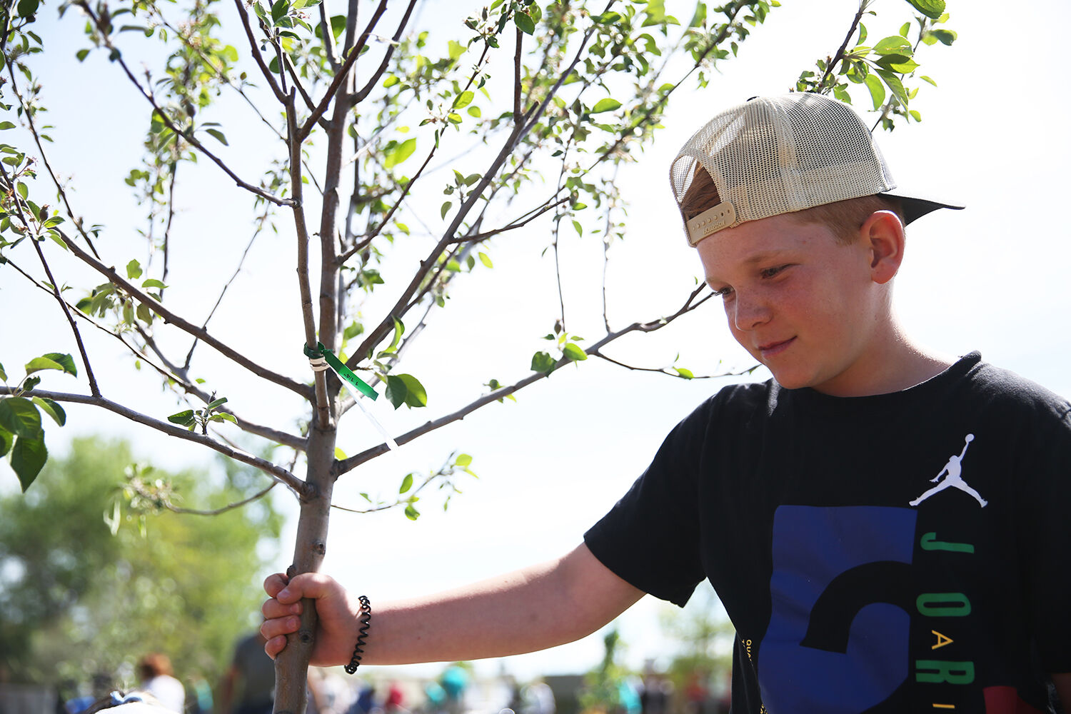 Dylan Kessler holds a tree up while another club member checks